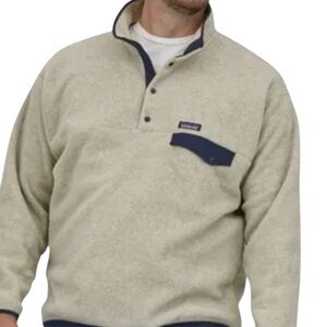 Patagonia Cream Fleece Snap-Placket Pullover with Navy Pocket Trim